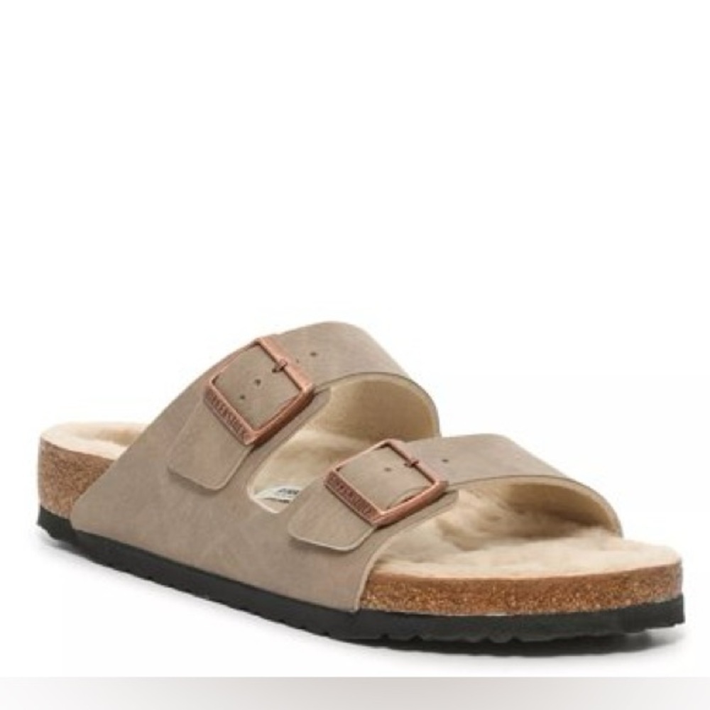 Birkenstock Taupe Double-Strap Shearling Slide with Copper Buckles